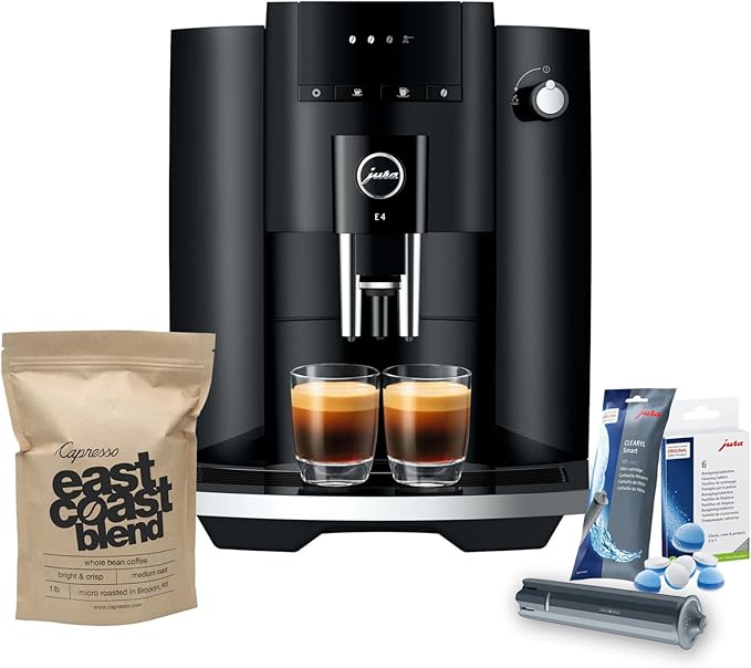 Jura E4 Automatic Coffee Machine (Piano Black) with CLEARYL Smart+ Water Filtration, 6 Cleaning Tablets and East Coast Blend Whole Bean Coffee (4 Items)