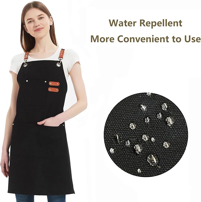 AFUN Chef Aprons for Women Men with Large Pockets, Cotton Canvas Cross Back Water Repellent Work Apron, Size M to XXL (Black)