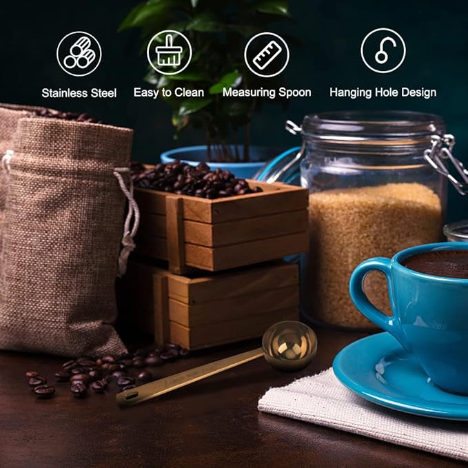 Coffee Scoop, Gold Stainless Steel Coffee Spoons Set, 1 tablespoon (15ml) and 1 tablespoons (30ml) Spoon, Gold Tablespoon Measure Spoon for Coffee, Milk Powder, Fruit Powder, 2 Pack (Long, Gold)