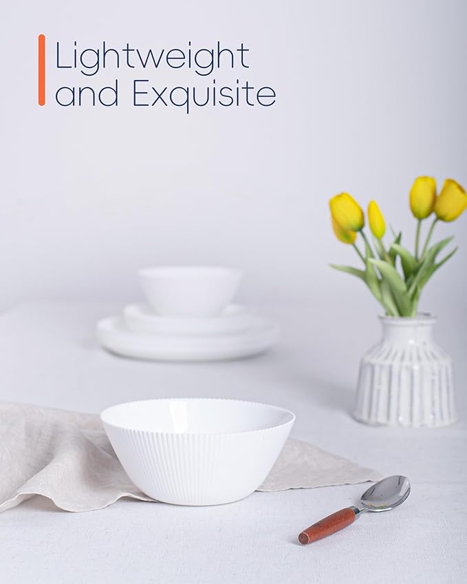 30 OZ Max Cereal Soup Bowl Set of 6, Opal Glass 7.2 inch White Ribbed Bowls for Ramen, Noodle, Salad, Fruit, Dishwasher and Microwave Safe