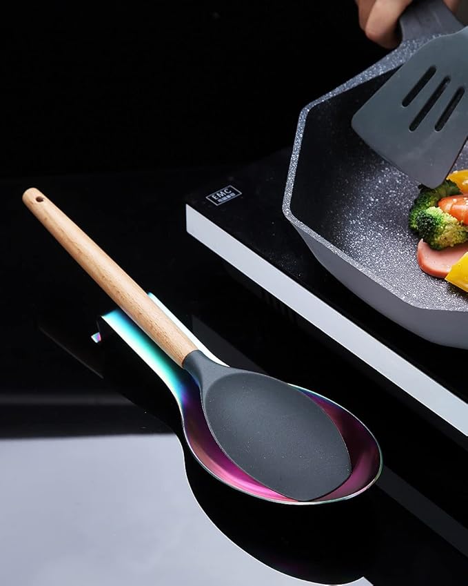 Matte Rainbow Spoon Rest, Stainless Steel Holder for Stove Top, Kitchen Utensils for Ladles, Tongs, Spatula, Pot Lid, Dishwasher Safe (1PC-9.5 Inch)