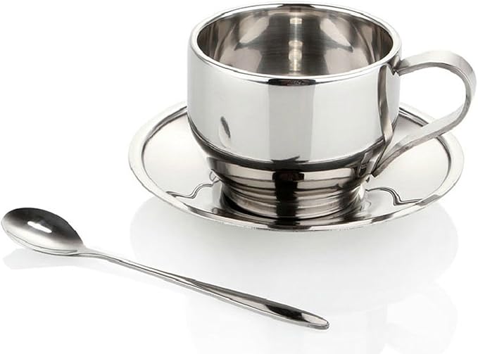 Jasni Stainless Steel Coffee Cup Coffee Mugs Espresso Cups and Great Cappuccino Cups with Spoon and Saucer Gift Idea for Coffee and Tea Lovers (4)