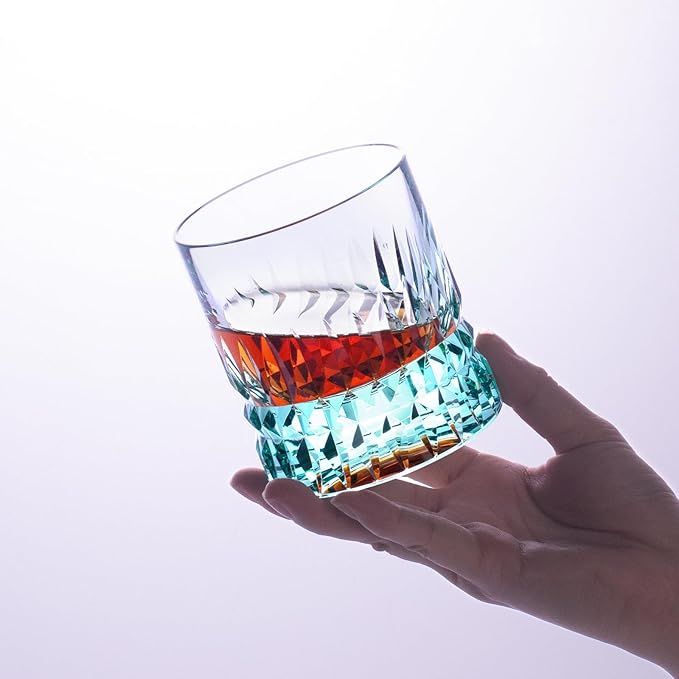 KAMMAK Crystal Whiskey Glasses Set, 7.8 oz (230 ml) Hand Blown Old Fashioned Tumbler, Thick Base Colored Glass with Delicate Rim & Seamless Design for Scotch, Bourbon, Cocktails, Aqua Green