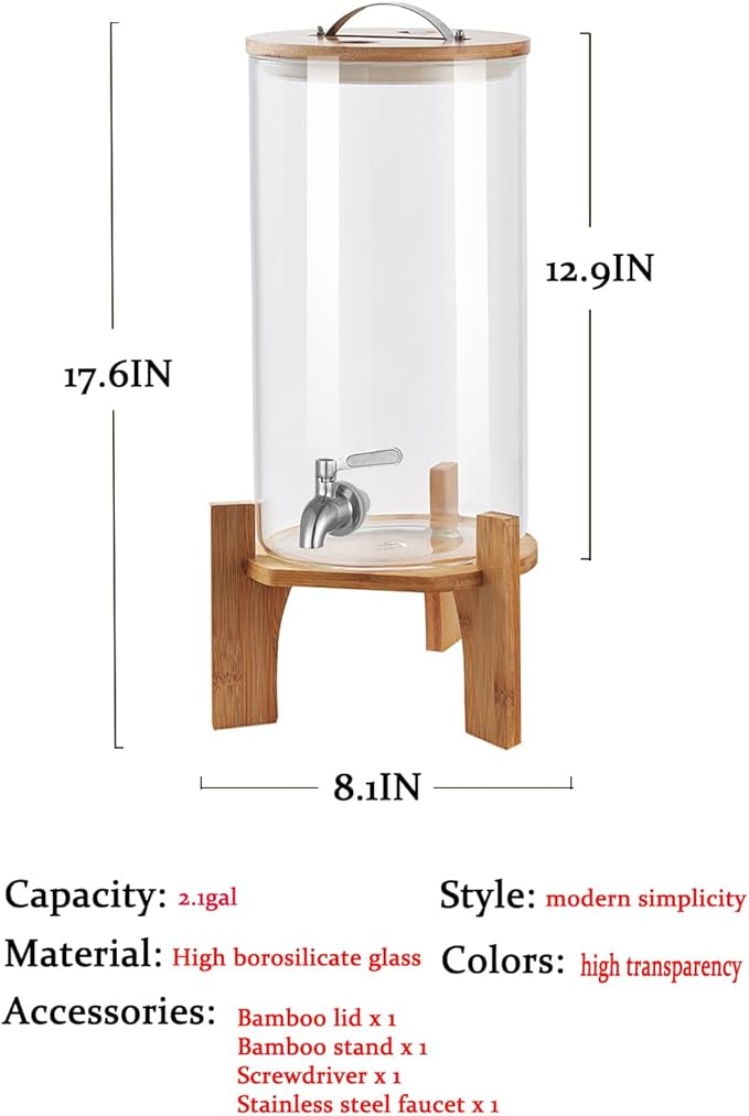 Beverage Dispenser,2.1 Gallon Glass Drink Dispenser with Stand,Glass water dispenser with Spigot, Large Drink Dispensers for Parties,Water Dispensers for Bar,Wedding,Restaurants 8L