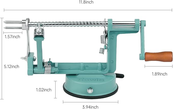 Apple Peeler Corer, Long lasting Chrome Cast Magnesium Alloy Apple Peeler Slicer Corer with Stainless Steel Blades and Powerful Suction Base for Apples and Potato(DeepGreen)