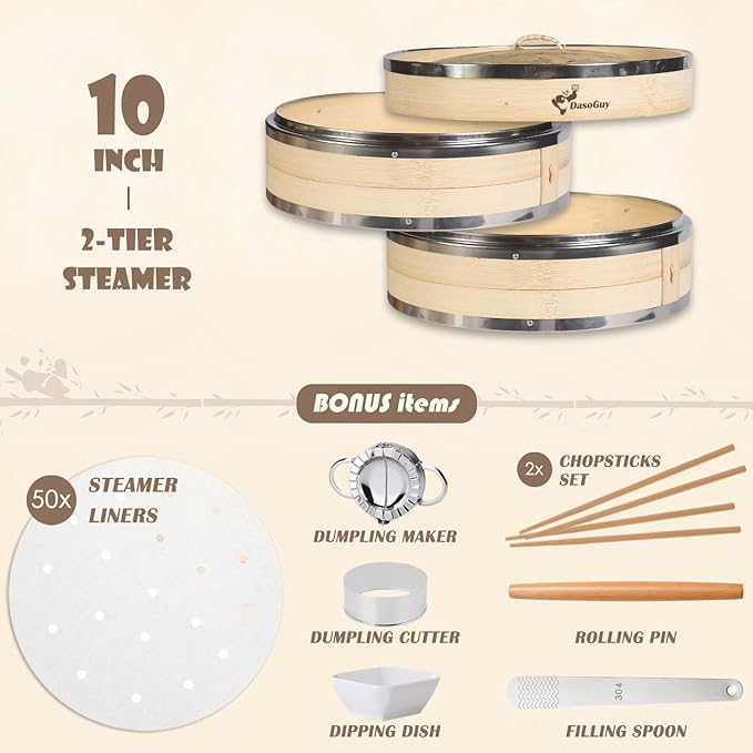 Bamboo Steamer Basket, Stainless Steel Reinforced Rim, 10-Inch 2-Tier Steamer for Cooking, 50 Liners Chopsticks Sauce Dish Dumpling Makers, Steaming Asian Food Bao Buns Dim Sum Rice Veggies Steam Pot