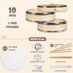 Bamboo Steamer Basket, Stainless Steel Reinforced Rim, 10-Inch 2-Tier Steamer for Cooking, 50 Liners Chopsticks Sauce Dish Dumpling Makers, Steaming Asian Food Bao Buns Dim Sum Rice Veggies Steam Pot