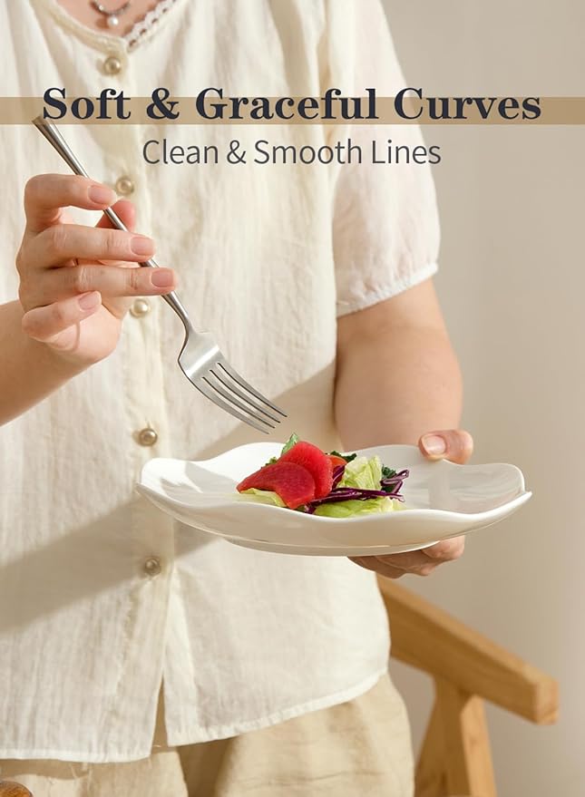 8.5 Inch Salad Plates Set of 8, Ceramic White Leave Wave Rim Small Dinner Appetizer Pasta Plate, Porcelain Dinnerware Serving Dishes for Pancakes, Steak, Pizza, Microwave, Dishwasher Safe