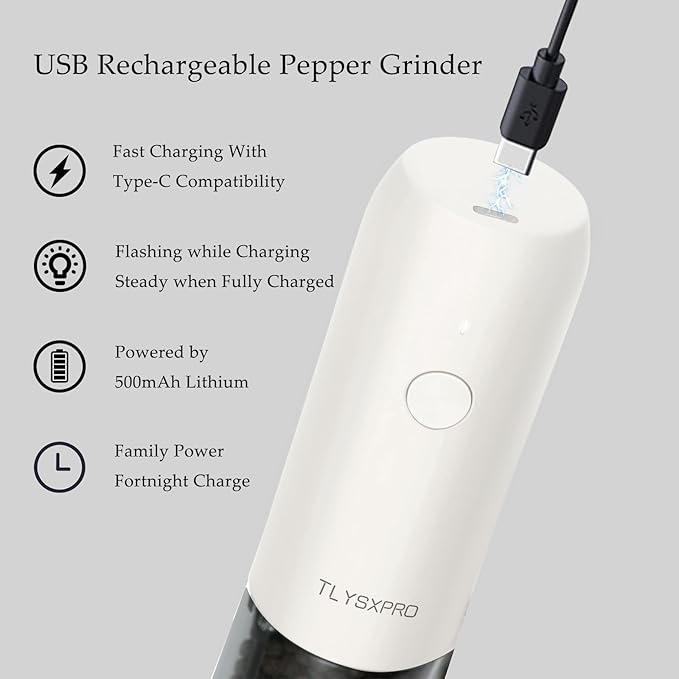 Electric Pepper Grinder, USB Rechargeable, Automatic Pepper Shaker, Adjustable Coarseness, Electric Pepper Mill, LED Light, Refillable, Kitchen Gadget (1-Pack, White)