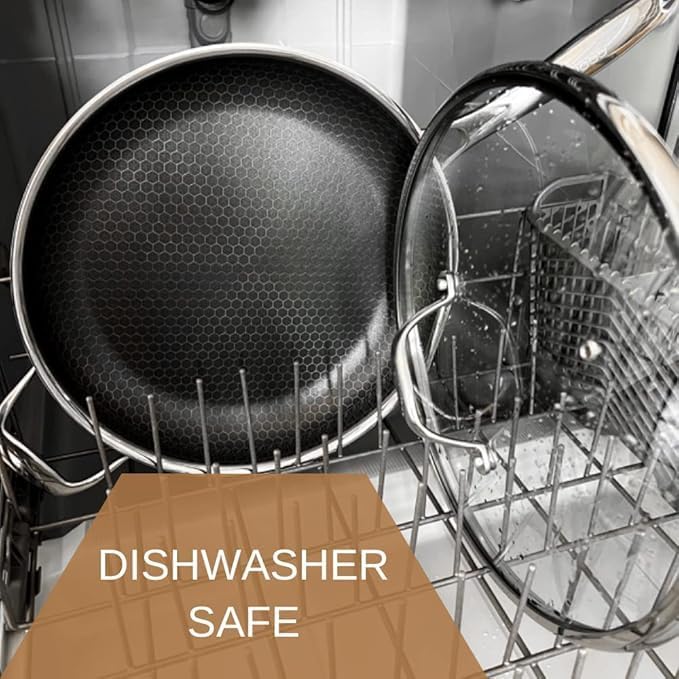 Cooksy 12 Inch Honeycomb Ceramic Surface Hybrid Stainless Steel Frying Pan with Lid New Version