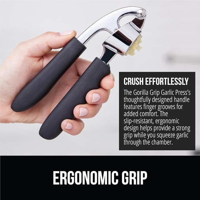 GORILLA GRIP Garlic Press and Peel Set, Heavy Duty Mincer Tool, Easily Mince and Crush Garlics, Ginger, Nuts, Seeds, Large Ergonomic Handle, Peeler Included for Peeling Cloves, Kitchen Gadgets, Black