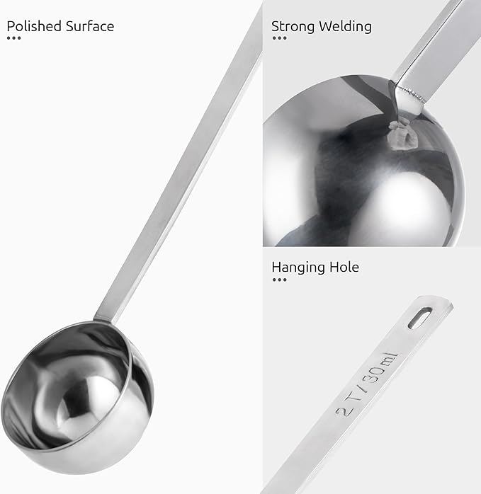 U-Taste Coffee Scoop 2 Tablespoon: 18/8 Stainless Steel Measuring Scooper for Ground Coffee, Bean, Powder, Espresso, 6.9in Long Handle Metal Meaure Spoon for Canister, Jar (2Tbsp/30ml, Silver)