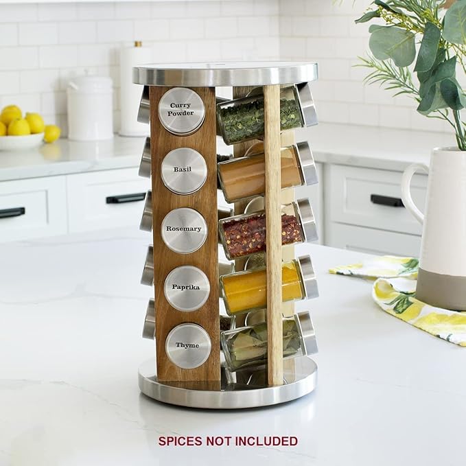 Orii Natural Acacia Wood Spice Rack with 20 EMPTY jars with Stainless Steel Lids and FREE Stainless Steel Funnel and Labels
