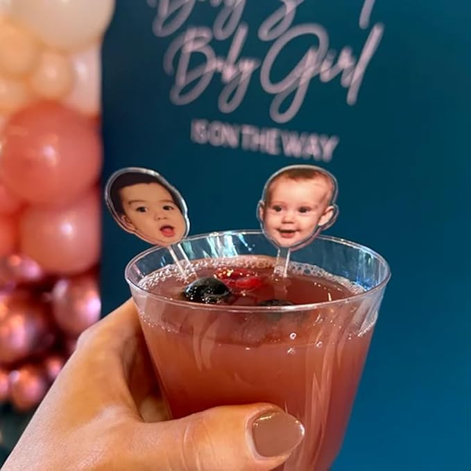 Personalized Pack 50pcs Printed Face Stir Sticks, Dog/Cat/Face/Logo Acrylic Drink Stirrers, Custom Big Head with Your Photo Drink Stirrers, Decor For Parties Birthday Graduation, Baby Face Photos