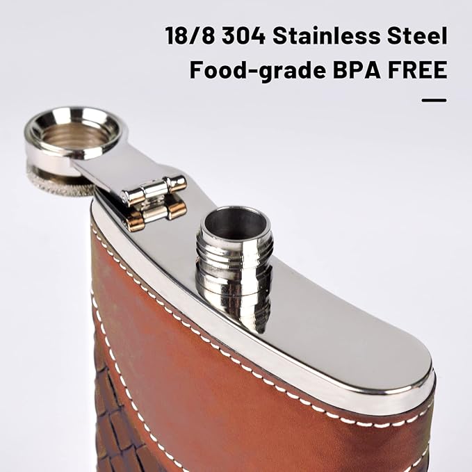 Hip Flasks for Men 8oz Leather Flask Gift Set,304 Stainless Steel Flask Set w/Funnel Shot Glasses Lovely Gift for Whiskey Rum Groomsman Best Man Usher Wedding Camping-Leather Stripe Brown 8oz