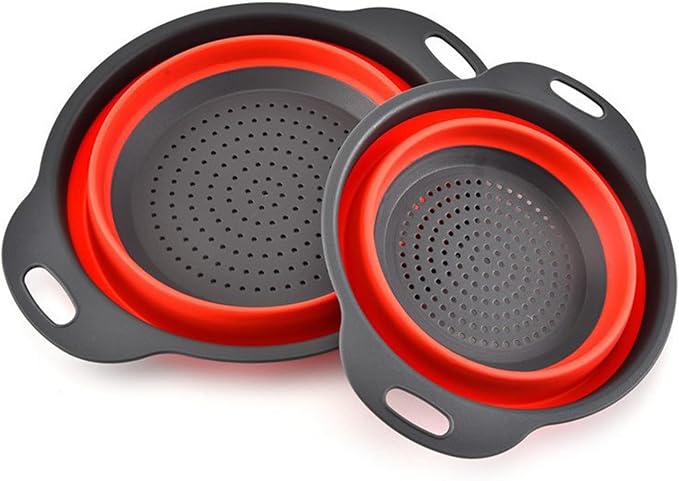 Collapsible Colander, Set of 2 Pcs Collapsible Strainer, Space-Saving Kitchen, Food-Grade Silicone Folding Strainer Colander with Handle, Red