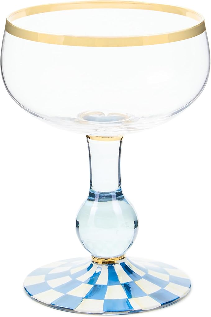MACKENZIE-CHILDS Coupe Glass, Decorative Stemmed Cocktail Glass, 11 Ounces, Blue-and-White Royal Check