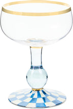 MACKENZIE-CHILDS Coupe Glass, Decorative Stemmed Cocktail Glass, 11 Ounces, Blue-and-White Royal Check