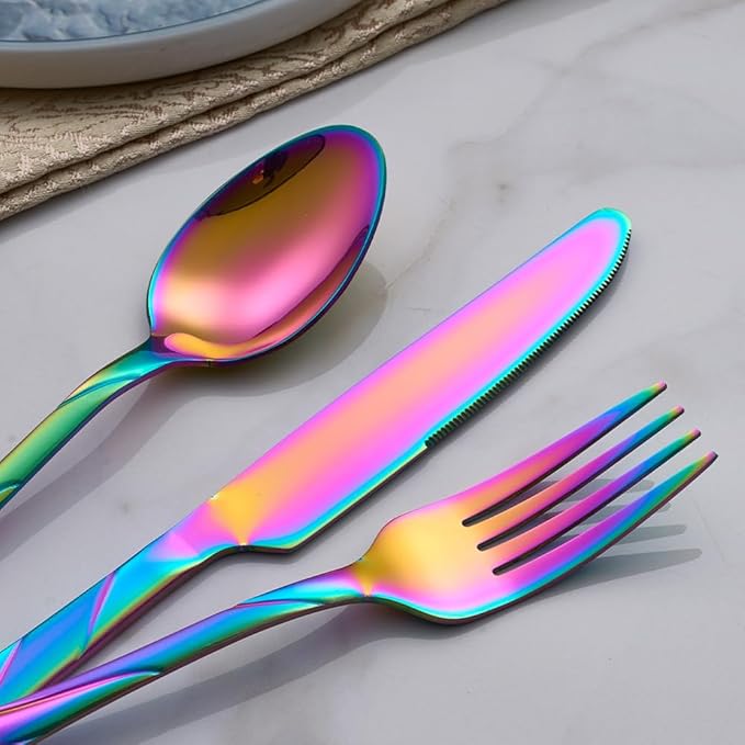 Rainbow Silverware Set for 6, 30-Piece Stainless Steel Flatware Set, Shiny Rainbow Metal Cutlery Set, Include Fork, Knife and Spoon Set, Dishwasher Safe