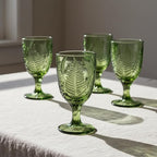 Green Glass Goblets Set of 4-10 oz Vintage Glassware Decorative Wine Glasses, Colored Cute Goblet Drinking Cups, Unique Textured Water Cup Sets, Colorful Aesthetic Pretty Drinkware Gifts