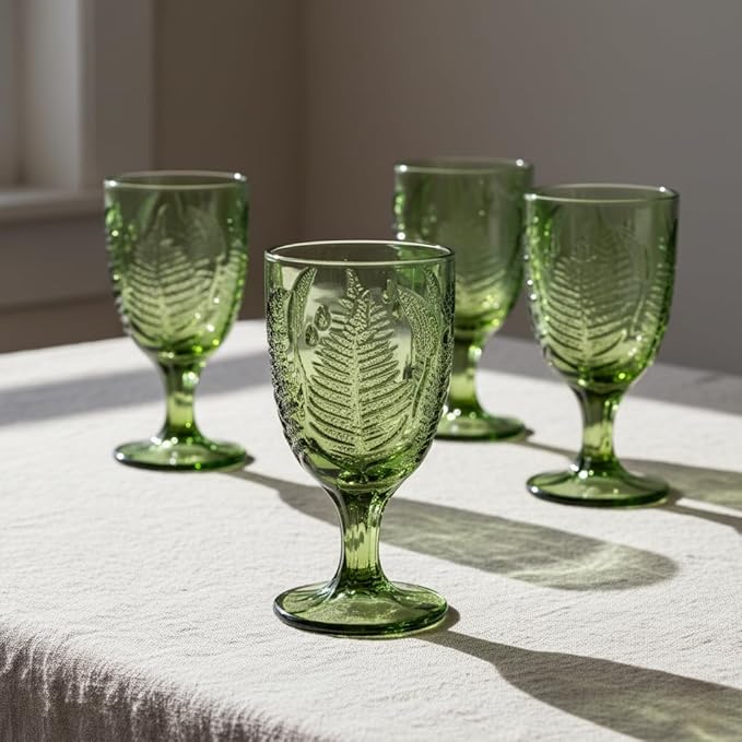 Green Glass Goblets Set of 4-10 oz Vintage Glassware Decorative Wine Glasses, Colored Cute Goblet Drinking Cups, Unique Textured Water Cup Sets, Colorful Aesthetic Pretty Drinkware Gifts