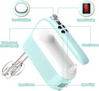 9-Speed Digital Hand Mixer Electric, 400W Powerful DC Motor, Baking Mixer Handheld with Snap-On Storage Case, 5 Stainless Steel Accessories, Flat Beaters, Dough Hooks, Whisk (Ice Blue & White)