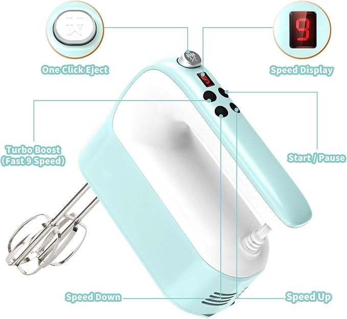9-Speed Digital Hand Mixer Electric, 400W Powerful DC Motor, Baking Mixer Handheld with Snap-On Storage Case, 5 Stainless Steel Accessories, Flat Beaters, Dough Hooks, Whisk (Ice Blue & White)