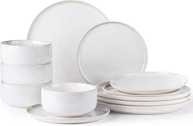 TheTerra Ceramic Dinnerware Sets for 4, 12 Pieces Handmade Reactive Glaze Plates and Bowls Set, Scratch Resistant Dish Set, Oven & Microwave & Dishwasher Safe