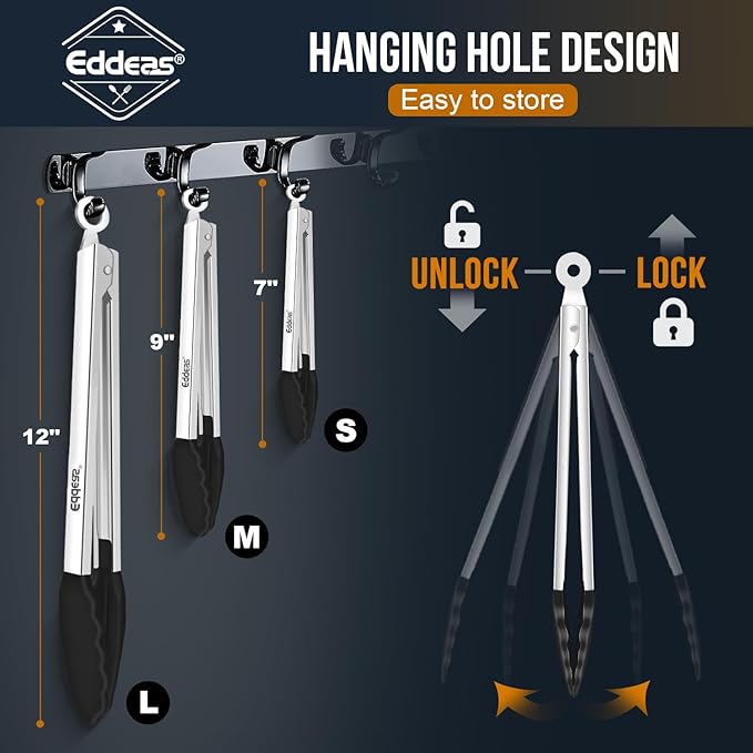 Kitchen Tongs with Silicone Tips, Heat Resistant 600 Degrees All Metal handle Locking Tongs For Cooking with Rubber Tips, Heavy Duty Stainless steel Food Tongs, Set of 3-7" 9" & 12" Black