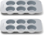 Caraway Nonstick Ceramic 6 Cup Muffin Pan Duo – Non-Toxic, PTFE & PFOA Free – Oven Safe – Aluminized Steel Core – Small Muffin Pan for Baking Cupcakes, Muffins & More - Gray