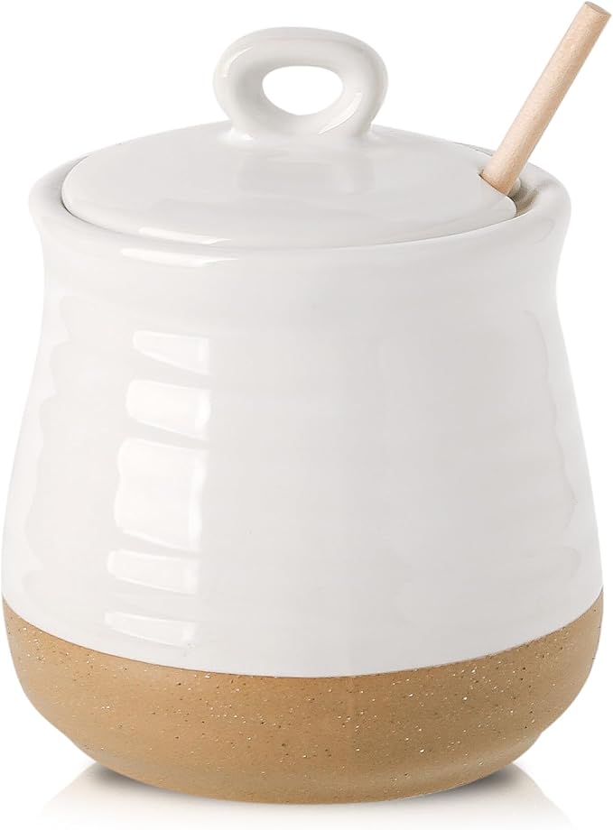 Hasense Ceramic Honey Pot with Lid and Dipper Stick, 12 Ounce HoneyJar Dish for Home Kitchen, Farmhouse Honey Container for Christmas Gift, Dishwasher Safe, White