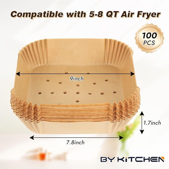 BYKITCHEN Perforated Air Fryer Liners for Ninja Pro AF141/AF181, Chefman, Instant Vortex, Cosori&5-8 QT Airfryer, 100PCS 9 Inch Disposable Air Fryer Parchment Paper Sheet Filters, Airfryer Accessories