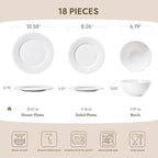 KINGSTONE Bone China Dinnerware Set, 18-Piece White Lightweight Porcelain with Textured Design Service for 6, Plates, Bowls, for Family Dining, Restaurants, Gifting，Microwave and Dishwasher Safe