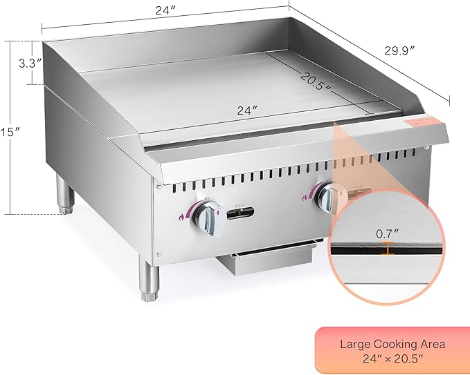 WILPREP Commercial Gas Griddle, 24 in. Gas Countertop Griddle with 2 30000 BTU U-Shaped Burners, NG LPG Compatible Flat Top Grill Hot Plate with Independent Knob Controls for Home Commercial Kitchen