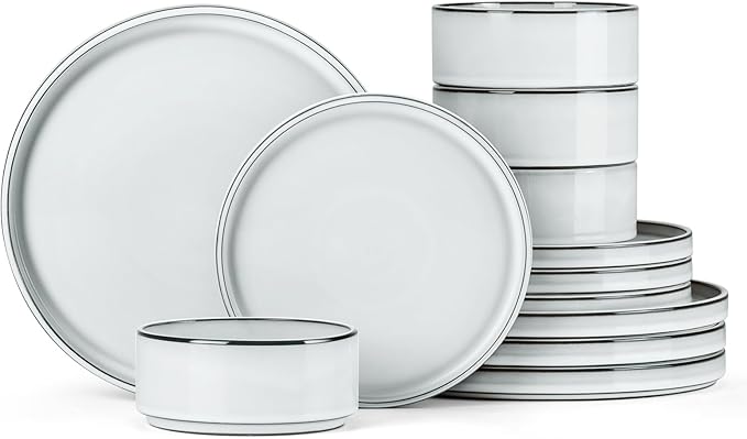Stoneware Dinnerware Sets, Onader 12 Piece Plates and Bowls Dish Sets for 4, Ceramic Dishware Dining Ware with Rustic Terracotta Bottom - Glacier White