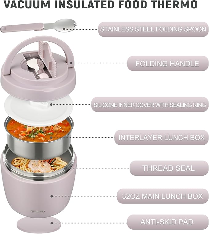 Thermo Food Jar for Hot Food Adults 32OZ Soup Thermo Lunch Containers Wide Mouth Vacuum Insulated Stainless Steel Leakproof Bento Box with Spoon (Purple)