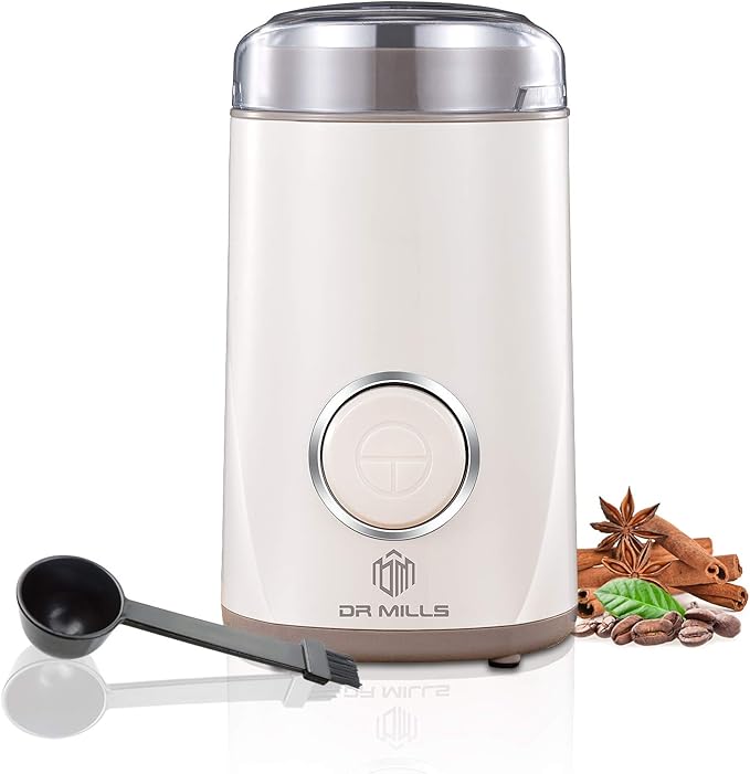 DR MILLS DM-7441 Coffee Grinder Electric, Coffee Bean and Dried Spice Grinder, One Touch Operation, Blade and cup made with SUS304 stainless steel (White)