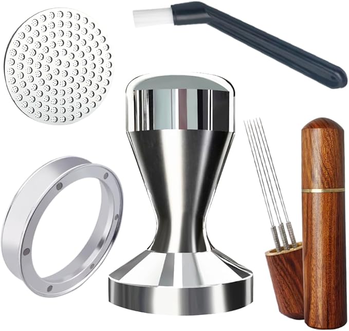 5 Pieces - 58mm Espresso Tamper Accessories Kit Fit 58-58.5mm Portafilters, 58mm Coffee Tampers Set, WDT Stirrer Tool, Puck Screen, Dosing Funnel, Coffee Cleaning Brush (58mm)