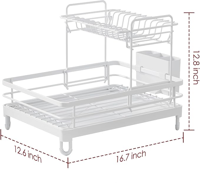 Dish Drying Rack - X-Large Stainless Steel Dish Rack for Kitchen Counter, 2-Tier Kitchen Organizers and Storage for Dishes, Bowls, Cutlery, White