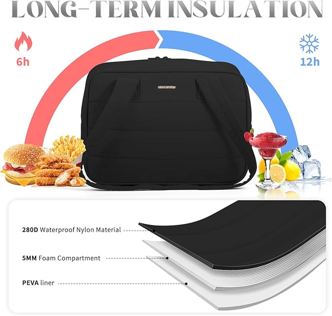 Insulated Lunch Bag，Freezable Lunch bag，Built-in Ice Pack Small Cooler，Lunch Bags for Women ，Waterproof and Durable，Suitable for Work, Picnics, Travel, and Meal Preparation（Black）