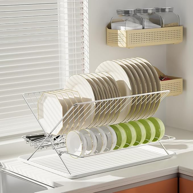 Dish Drying Rack with Drip Tray, 3 Tier Collapsible Stainless Steel Dish Drainer, Plate Rack Holder for Kitchen Counter, Folding Dish Rack for Kitchen Sink, Countertop,Cutlery, Plates, Dishes