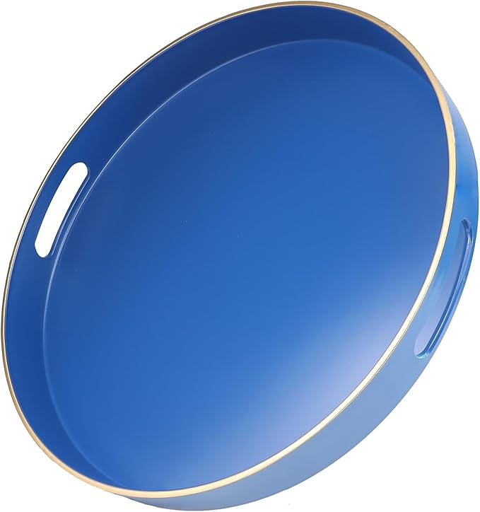 Royal Blue Round Decorative Tray with Handles, 13" Versatile Serving Tray for Coffee Table, Ottoman, Ideal for Serving, Displaying, Organizing