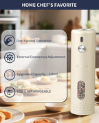 CIRCLE JOY Rechargeable Electric Salt and Pepper Grinder Set with Base, Automatic Pepper Mills with 110ml Container, External Adjustable Coarseness, White Led Light and One-Handed Operation, Begie