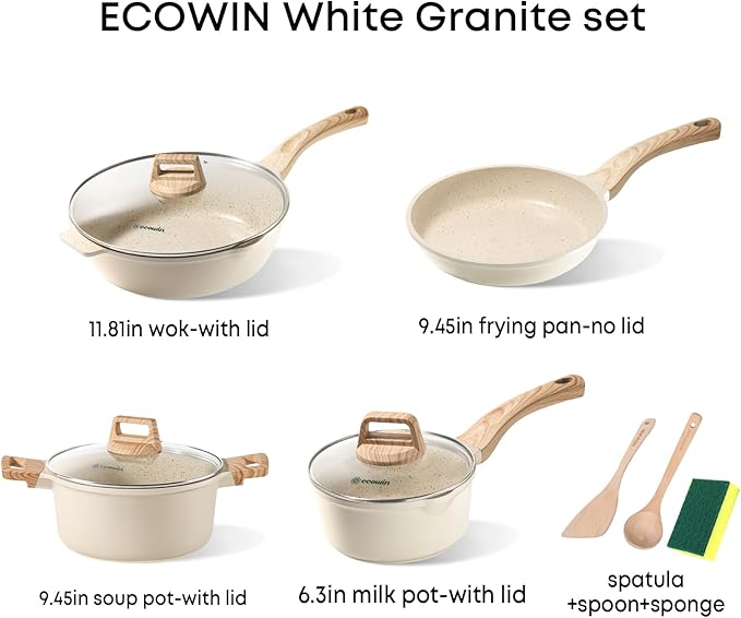 10Pcs Pots and Pans Set,nonstick Cookware Set Kitchen Cooking Set,Non-toxic Healthy Granite Induction Cookware Sets with firm heat-resistant handle(PFOA Free)
