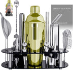 Cocktail Shaker Set Bartender Kit with Stand - 16 Piece Bar Tool Set Drink Mixer Set Includes : 25oz Shakers, Jigger, Strainer, Mixer Spoon, Muddler, Liquor Pourers, Straw (Gold)