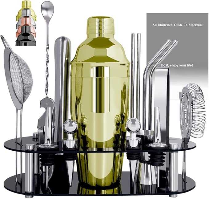 Cocktail Shaker Set Bartender Kit with Stand - 16 Piece Bar Tool Set Drink Mixer Set Includes : 25oz Shakers, Jigger, Strainer, Mixer Spoon, Muddler, Liquor Pourers, Straw (Gold)