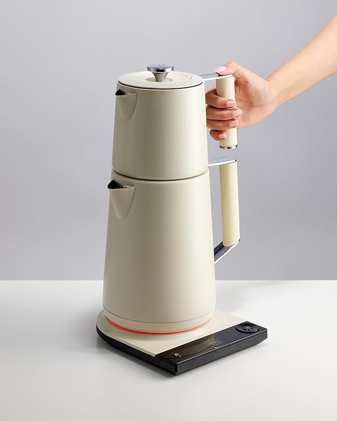 SAKI TeaSmart Electric Turkish Tea Maker, 110V Double Pot Electric Tea Kettle, 304 Stainless Steel BPA Free Turkish Tea Set, LED Indicator, Auto Shut-Off & Boil-Dry Protection, 1.75L, (Pearl White)