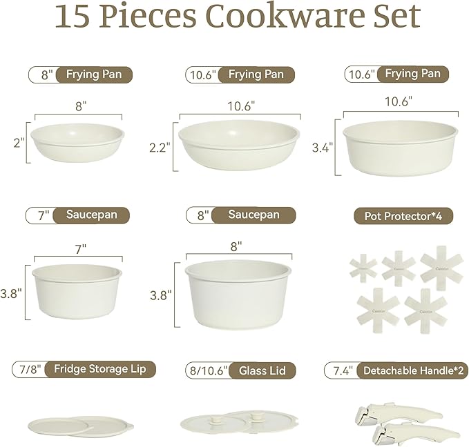 15-Piece Ceramic Nonstick Pots and Pans Set – Kitchen Cookware with Detachable Handle, RV Camping Cookware Set – Oven & Dishwasher Safe, PFOA-Free – Cream White