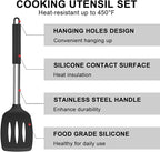 E-far Silicone Cooking Utensils Set, 7 Pcs Heat Resistant Kitchen Utensils with Stainless Steel Handle, Slotted Turner, Spoon, Soup Ladle, Pasta Server, Skimmer, Tongs for Nonstick Cookware, Black
