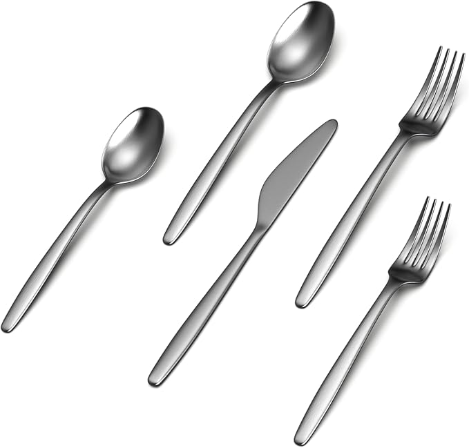 JazzUpCo Tia Flatware non toxic 18/10 stainless steel dishwasher safe (Matte Silver, 8 Person Set (40 Pieces))